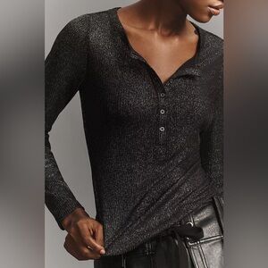 Pilcro for Anthropologie Andie Ribbed Spotlight Henley Top Black Metallic Size M
